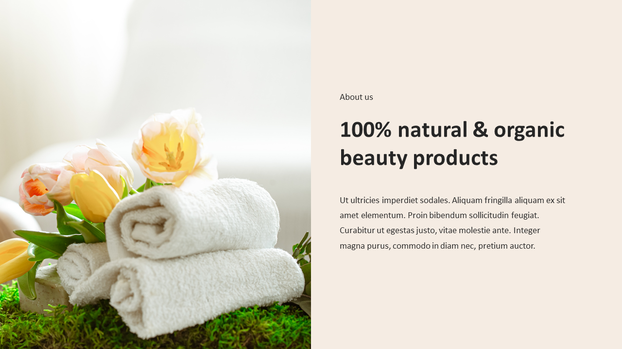 Folded white towels with tulips on a moss surface, text on the right describing natural beauty products.