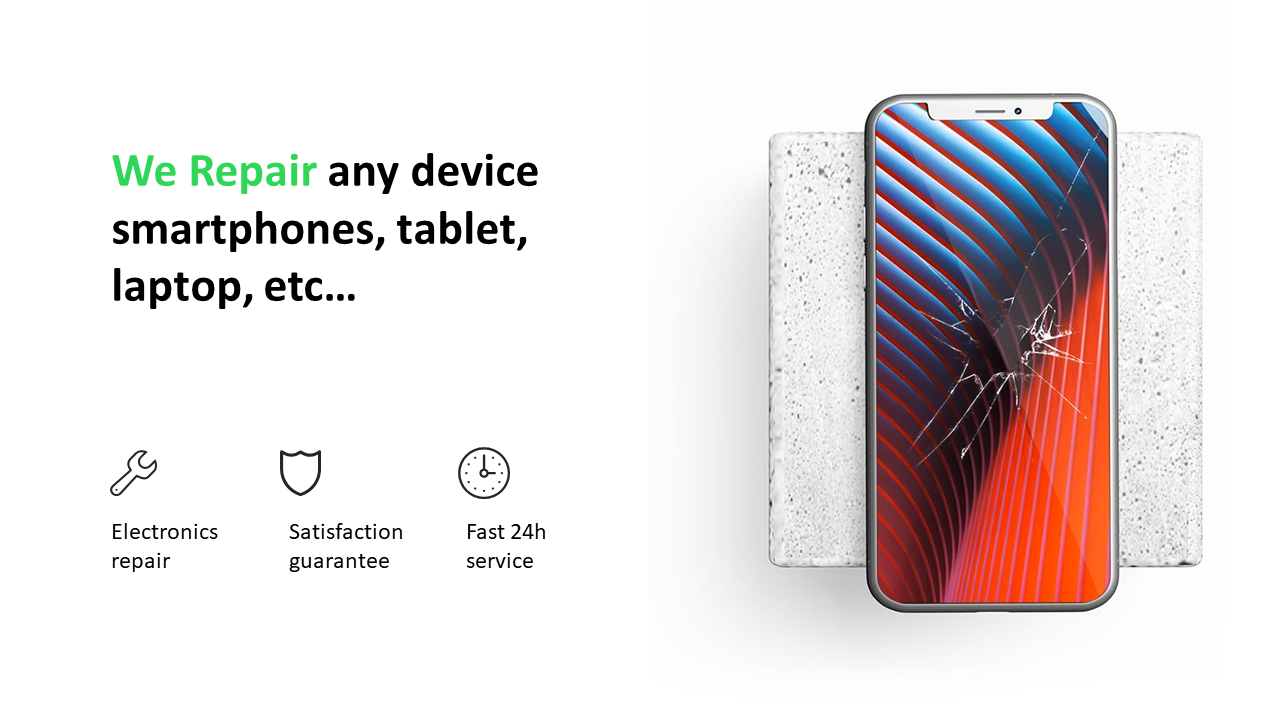 Smartphone gsm with a broken screen on the right and text on the left promoting repair services for various devices.