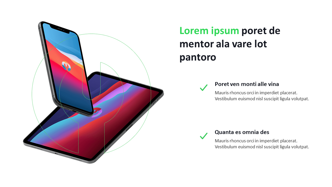 GSM slide displaying overlapping smartphone and tablet graphics, with placeholder text and two green check marks.