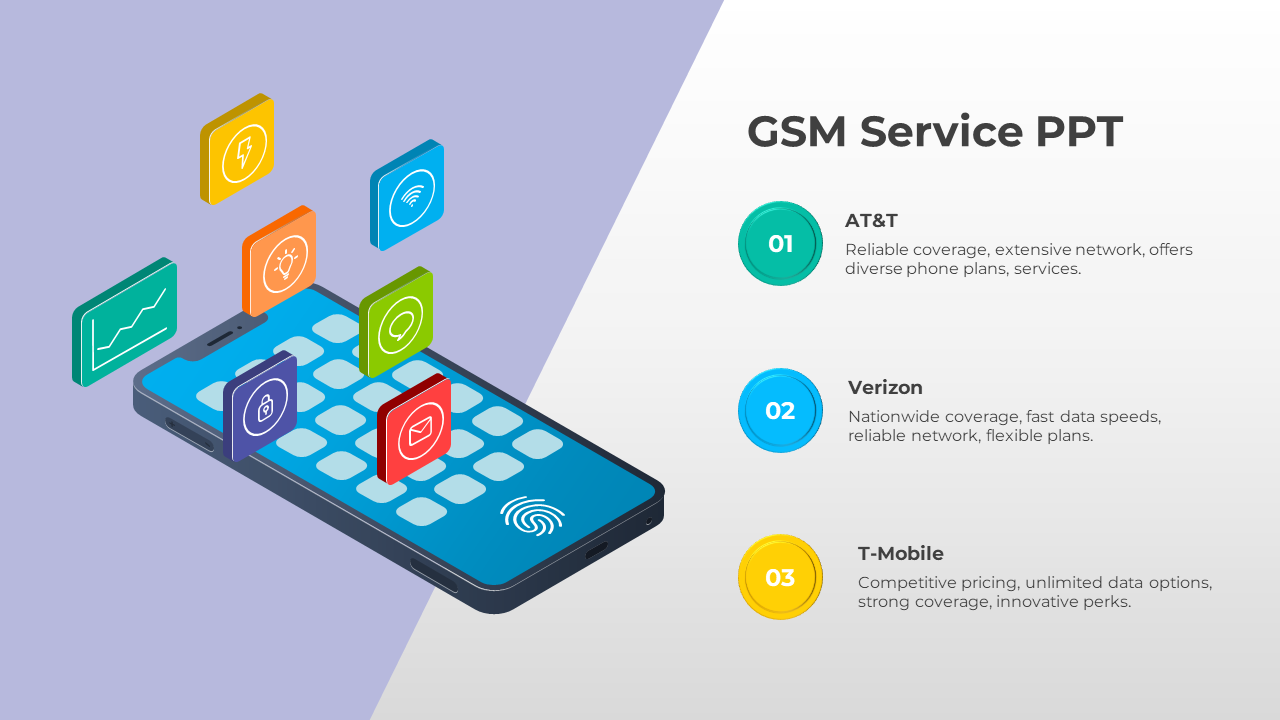 Isometric mobile design with floating app icons and three numbered information blocks, on a purple and white background.