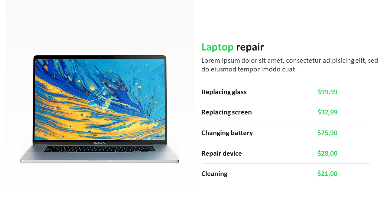 Laptop with blue and yellow graphics on the screen, alongside a price list for various repair services.