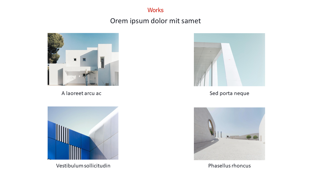 Four minimalist architecture photos arranged in a grid, featuring contemporary white buildings and sleek structures.