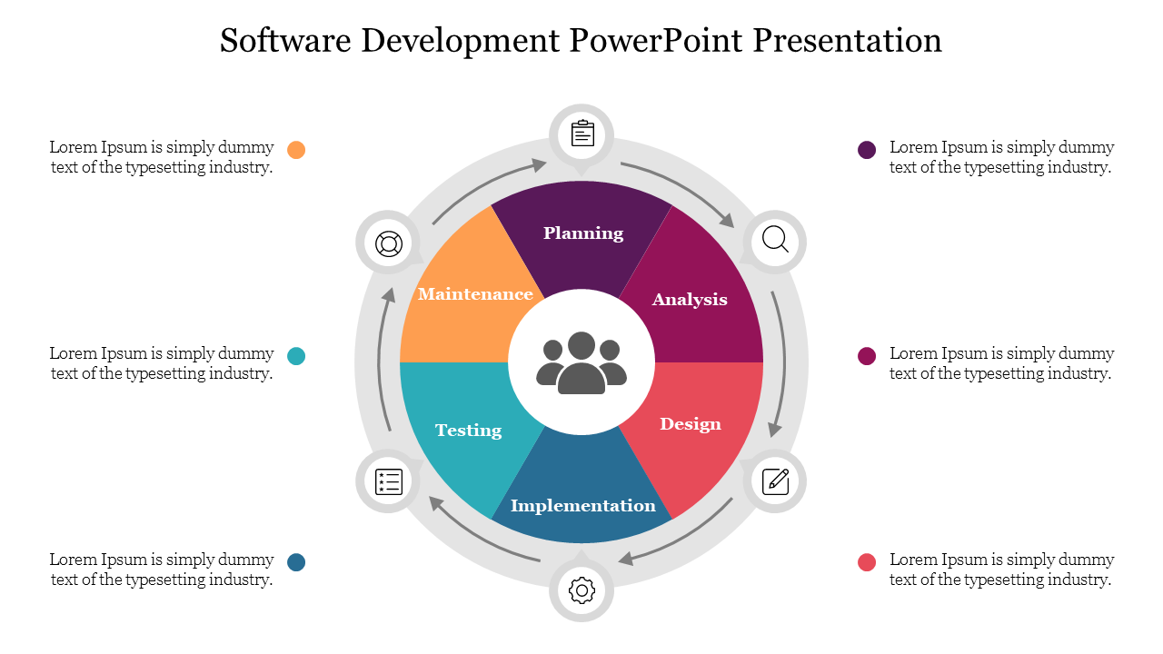 Circular diagram with six sections in orange, purple, teal, and red, each with gray icons and captions around it.