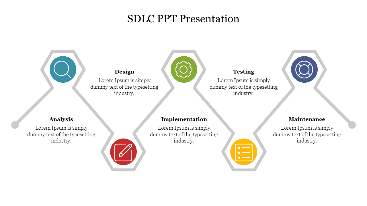 SDLC slide illustrating the software development life cycle stages with colored icons with placeholder text.