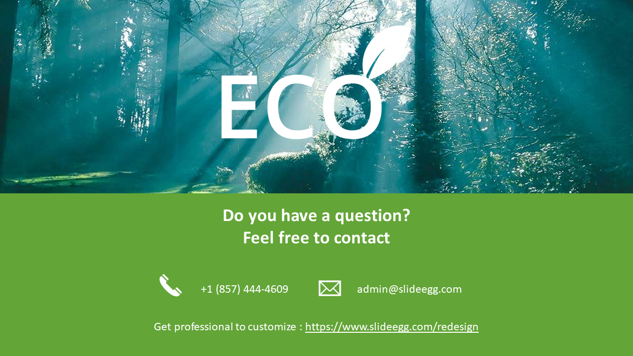 Eco themed contact slide with phone number, email, and website, set against a forest background.