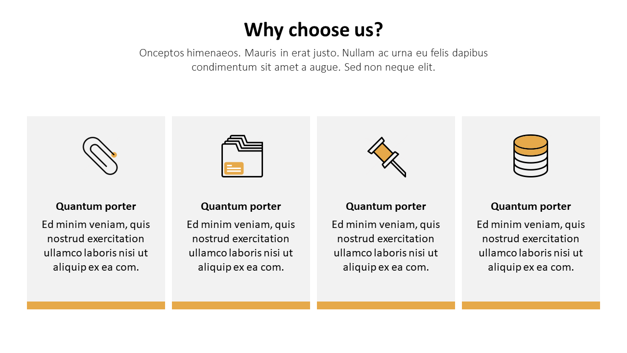 Why choose us slide with icons for paperclip, folder, pin, and database, representing service qualities.