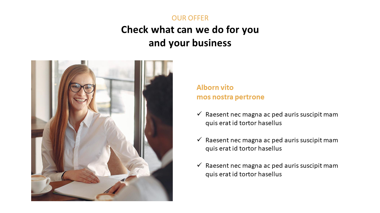 Business presentation slide showing a woman in glasses smiling and discussing with a colleague, alongside an offer section.