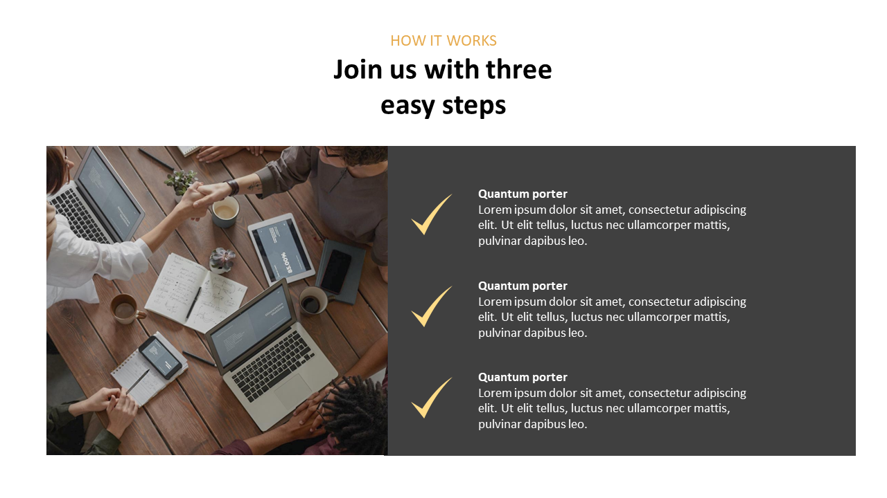 Overhead view of a accounting working plan team, paired with a list of three steps marked by yellow checkmarks.