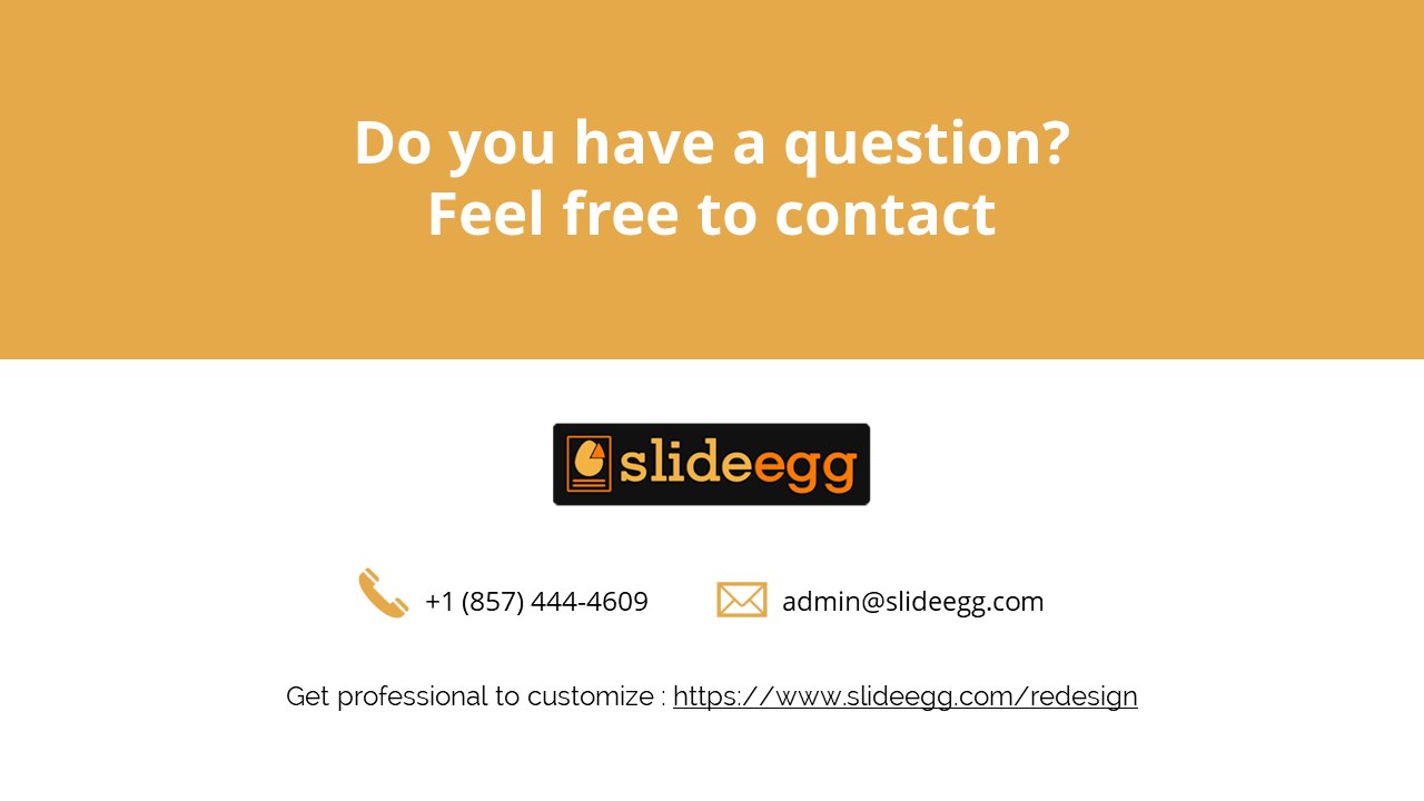 Contact information slide for SlideEgg with a logo, phone number, email, and a link to a professional redesign service.