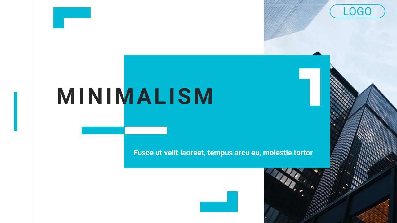 Minimalist slide theme with bold text, geometric blue shapes, and a skyscraper image on the right.