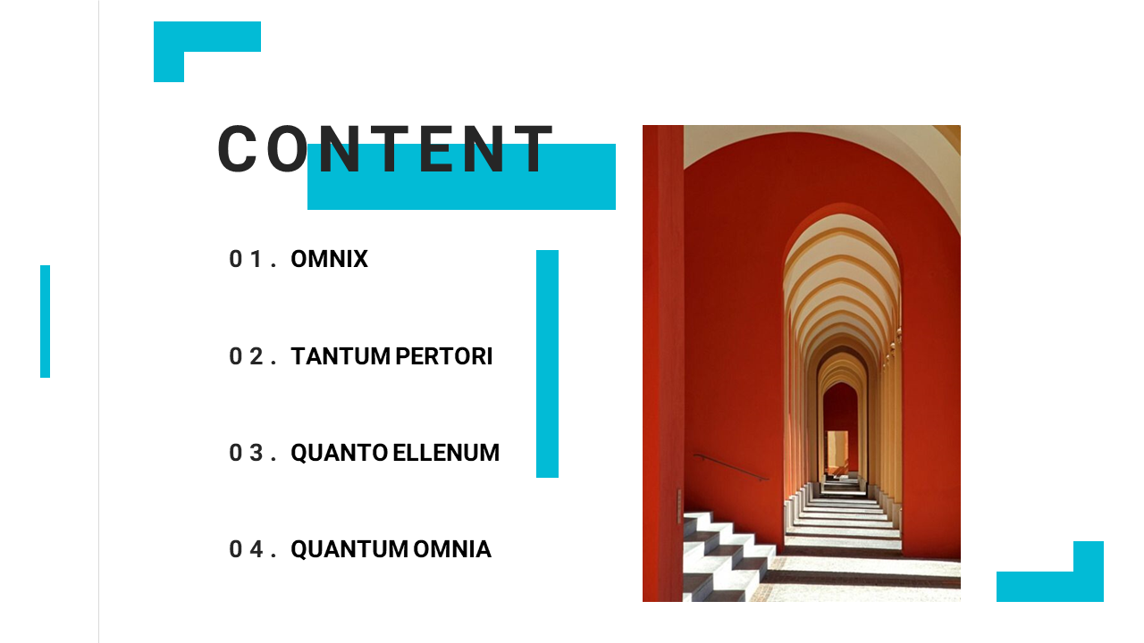 A minimalist PowerPoint slide showing a content list on the left, with a vibrant arched hallway photo on the right.