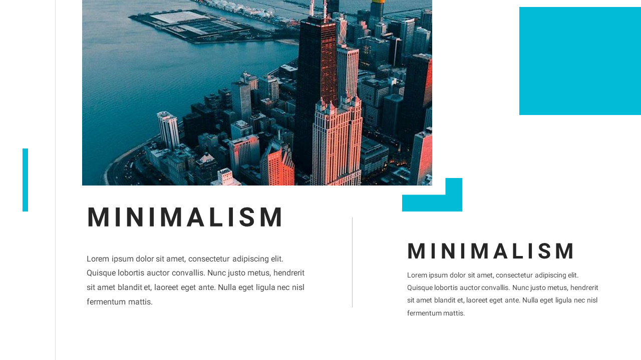 Blue minimalist PowerPoint slide featuring a cityscape photo with bold text and simple geometric shapes.