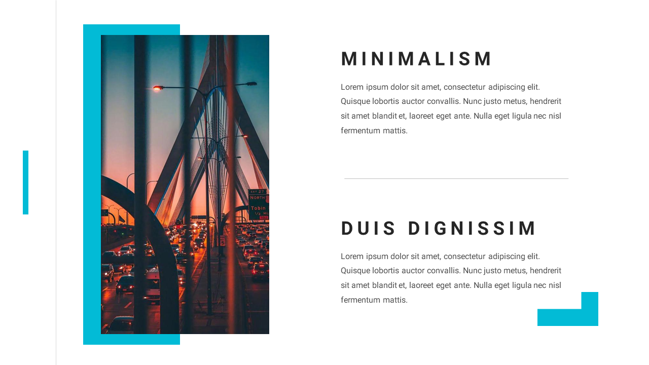 Minimalistic layout combining a city sunset bridge image and two text areas with bold headers and clean typography.