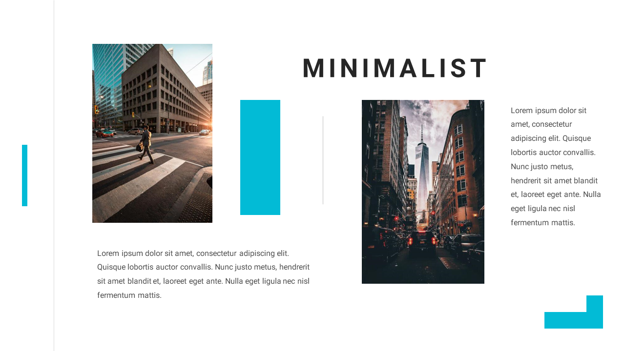 Minimalist slide with teal geometric shapes, bold text, and two urban photos of a street crossing and a tall building.