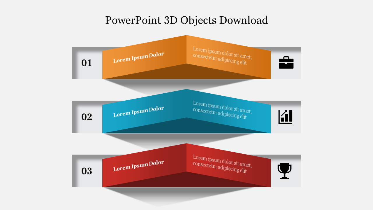 Three stacked 3D shapes in orange, blue, and red, each with icons on the right and numbers on left.