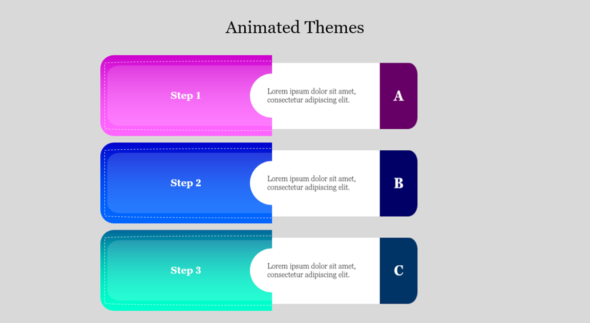 PowerPoint template with animated steps labeled 1, 2, and 3, in different color gradients, each with a placeholder text box.