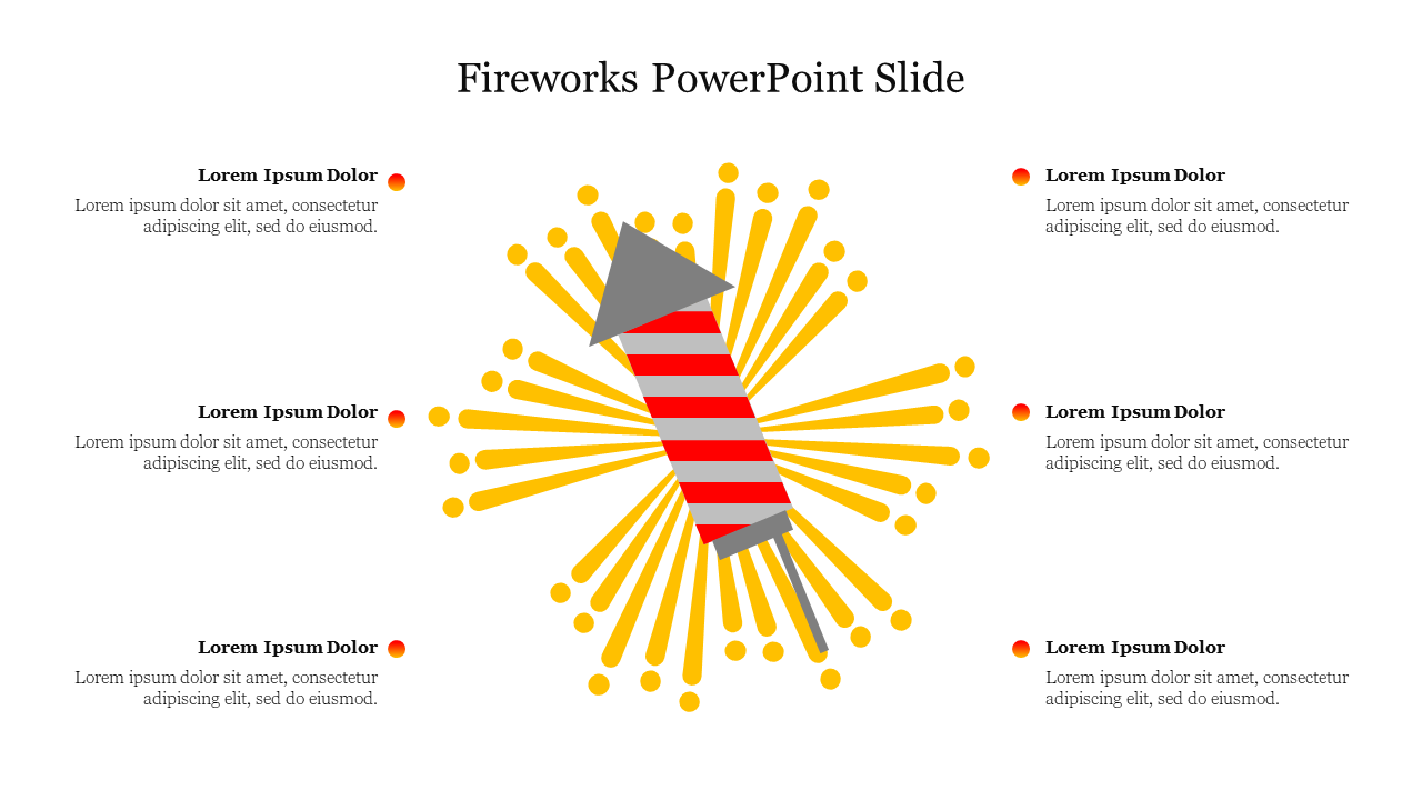 Fireworks themed PowerPoint slide with a central rocket illustration and space for six text descriptions around it.