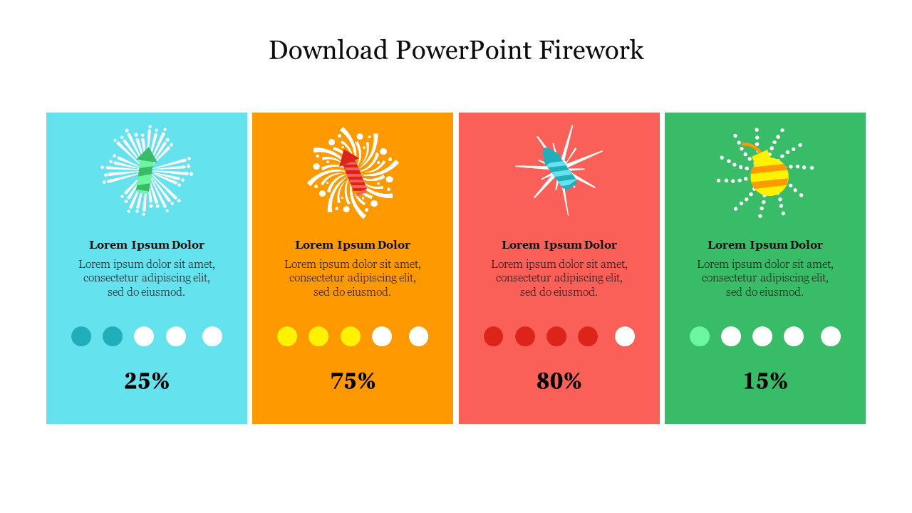 Colorful slide featuring four firework icons with descriptions, progress indicators, and percentage values.