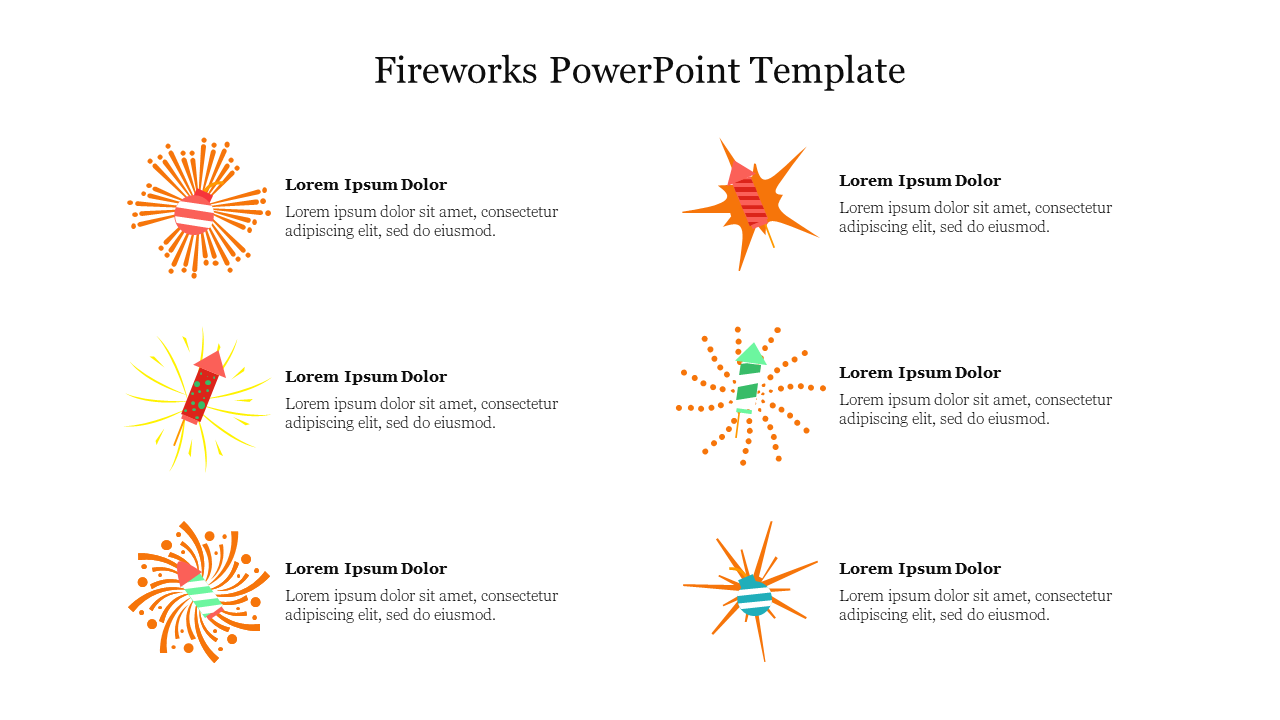 Slide featuring a fireworks template with six colorful fireworks illustrations arranged in two rows with a placeholder text.