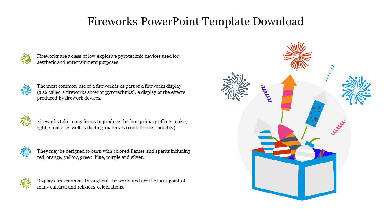 Slide featuring fireworks, with details on their use in celebrations and displays, and the effects produced by fireworks.