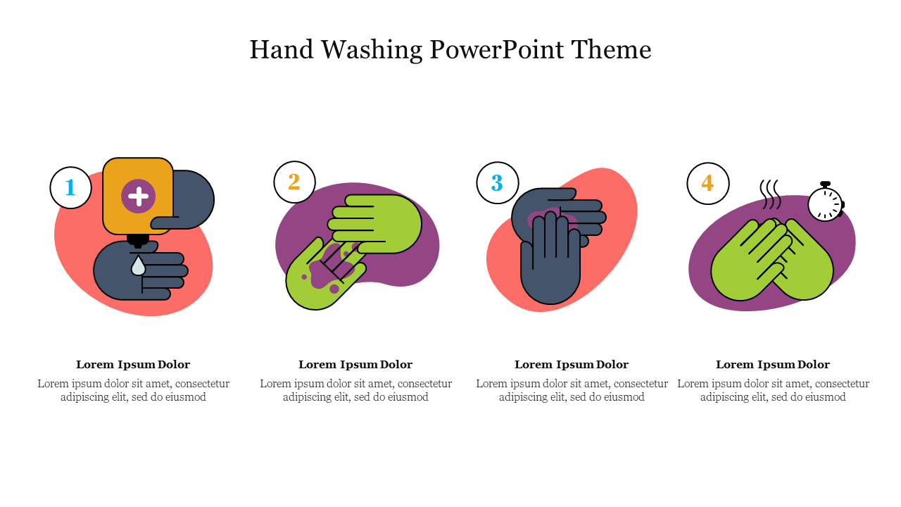 Four step hand washing process illustrated with colorful and numbered icons on rounded backgrounds.