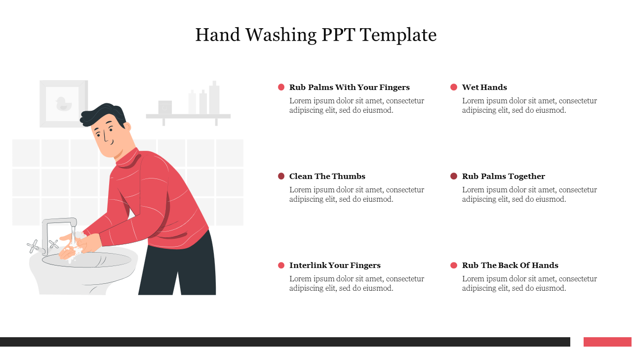 Illustration of a person washing hands at a sink with hand washing steps listed on the right.