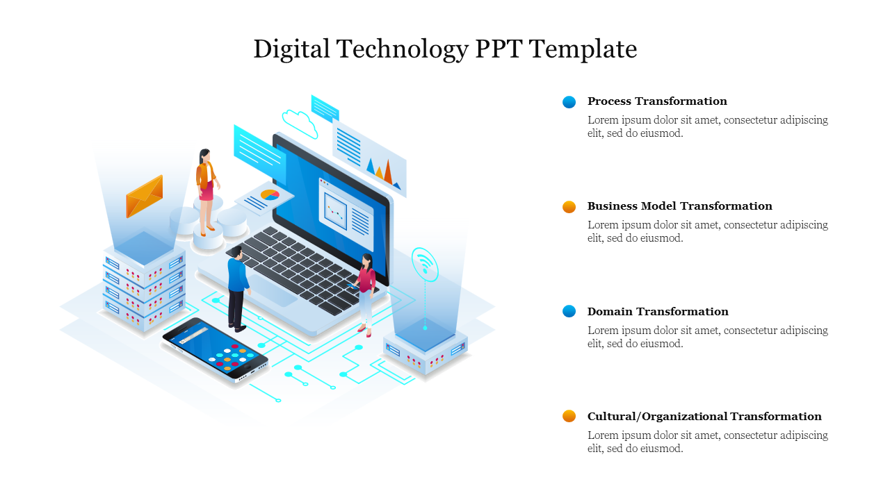 Digital technology transformations, showcasing a laptop with icons business model, domain, and cultural changes.