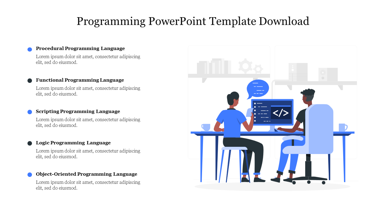 A template with two illustrations on the computer featuring placeholder text on programming languages.