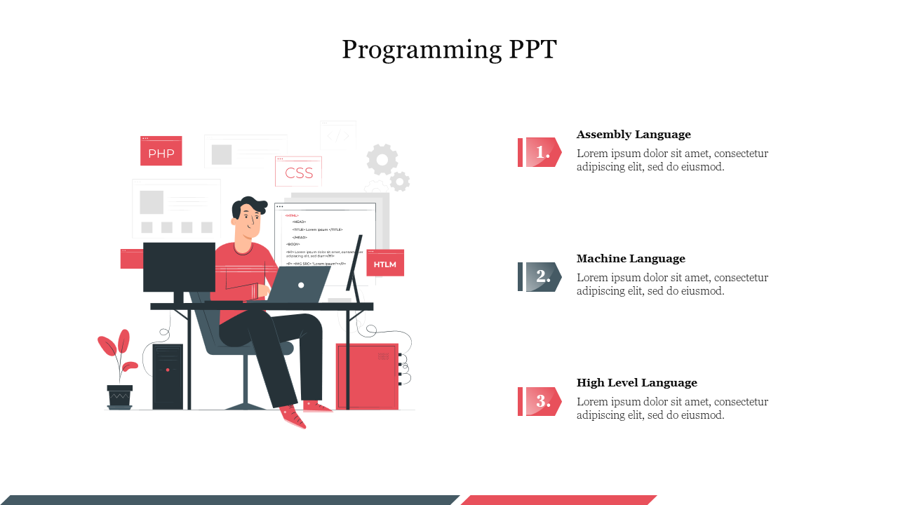 Programming slide features an illustration of a programmer at a desk with a laptop and coding languages with three sections.