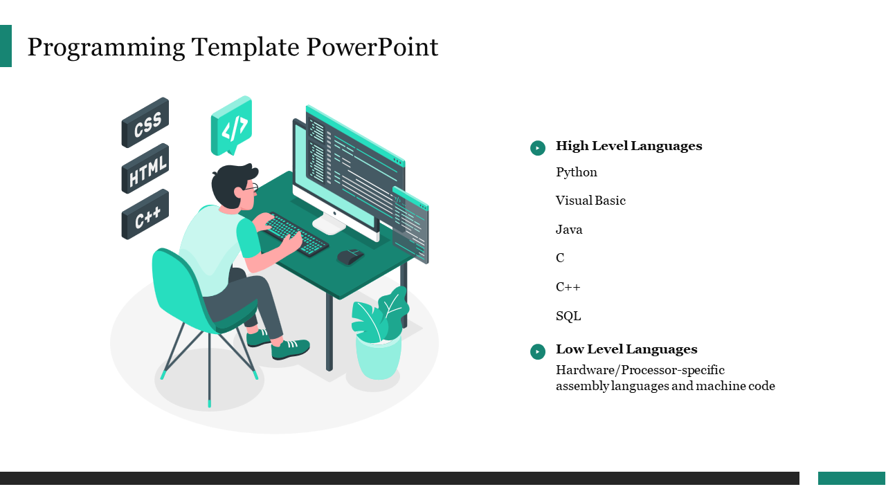 Slide depicting a programmer at a desk with coding icons and a list of high and low-level programming languages.