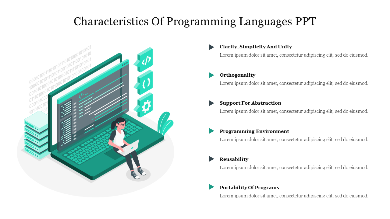 A green laptop displaying code with a person sitting in front of it and a list of programming languages on the right.