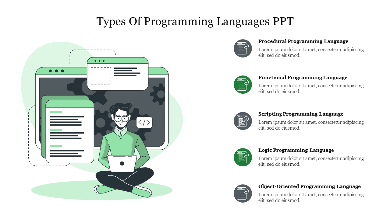 A modern programming template with icons and vibrant colors, with six caption areas to explain all programming languages.