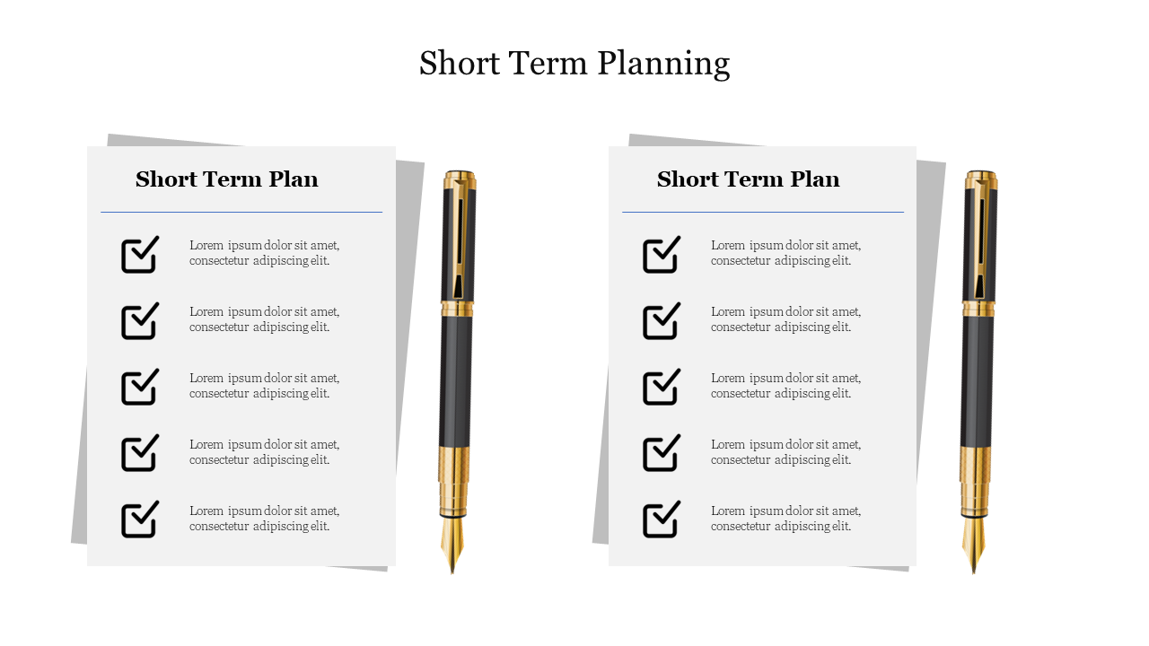 Short Term planning template featuring two lists with checkmarks and placeholder text, accompanied by fountain pens.