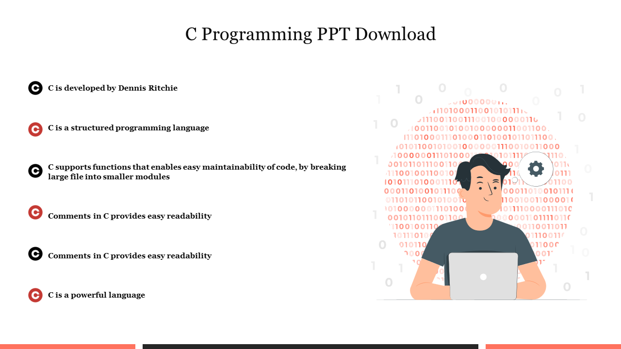 Illustration of a person working on a laptop with binary code background in a circular pattern, with six captions.