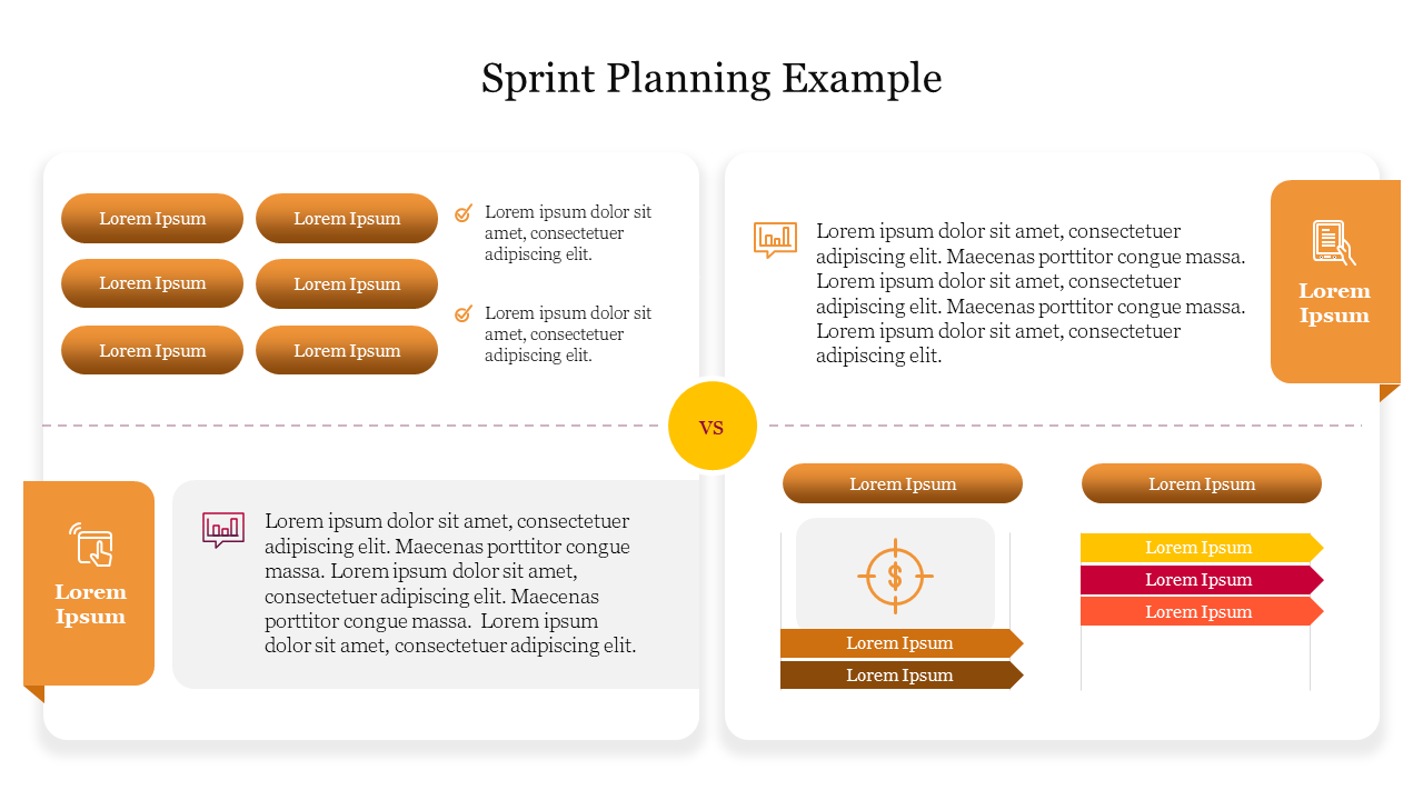 A PowerPoint slide showing a sprint planning example with sections for tasks and progress, featuring buttons and icons.