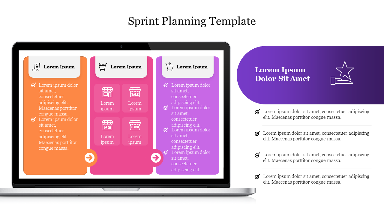 Sprint planning template displayed on a laptop screen with colorful icons and checklist items with placeholder text.