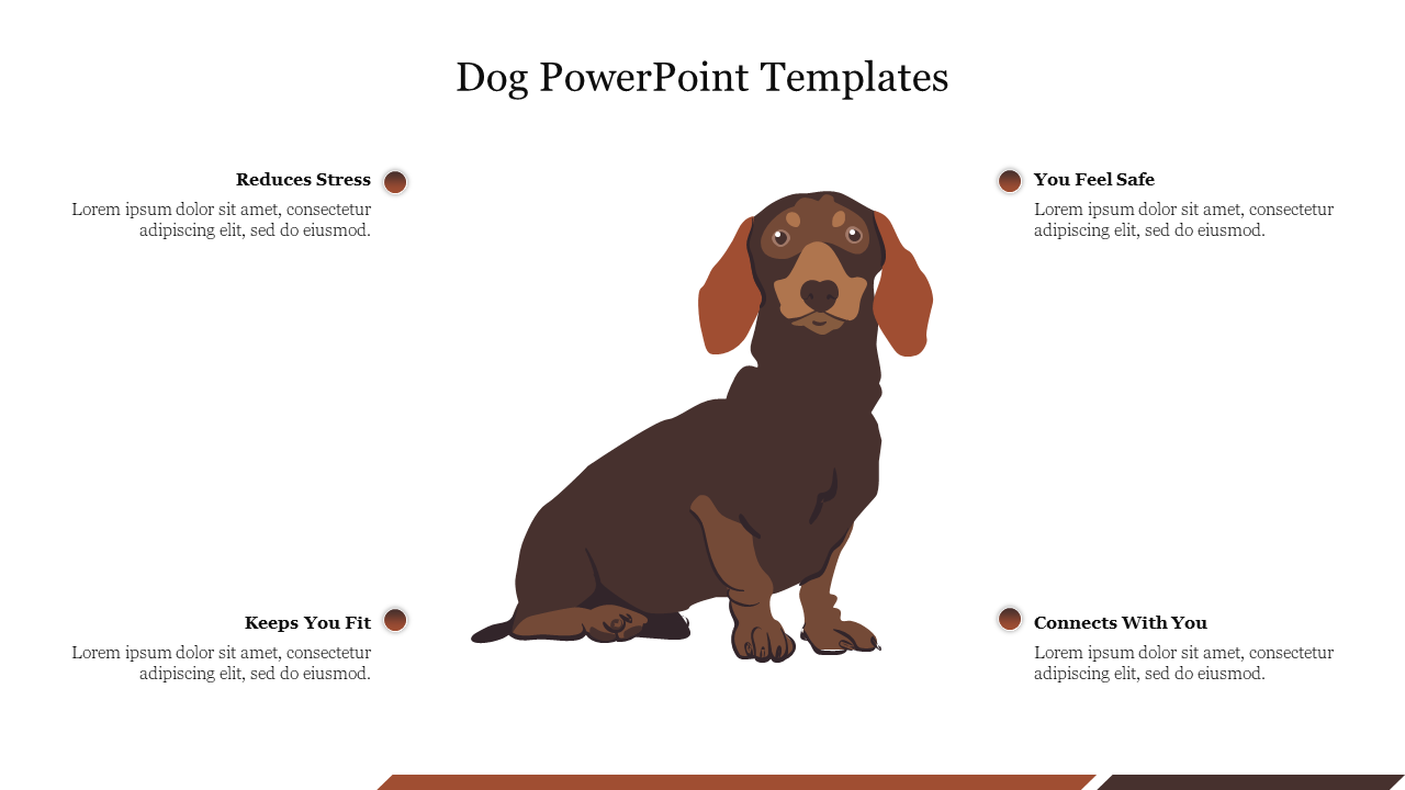 Dog PowerPoint template featuring a cute dog with sections on stress reduction, fitness, and safety with placeholder text.