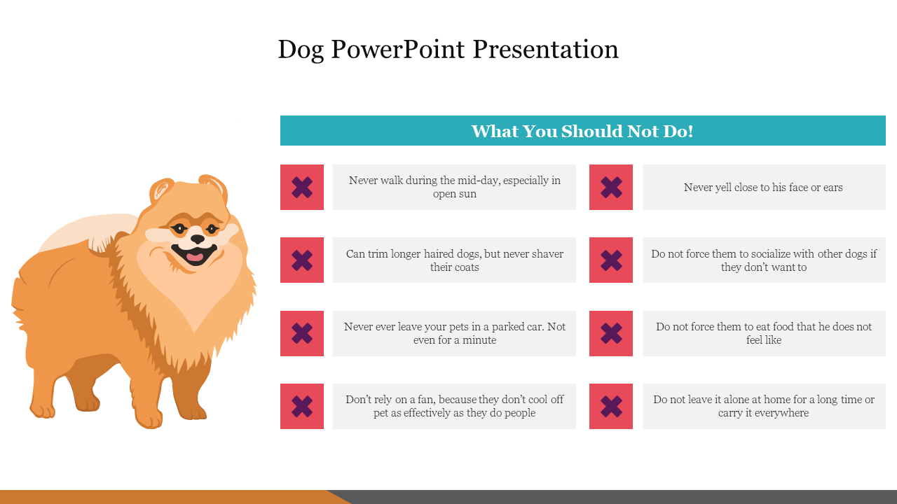 Illustration of a fluffy dog beside a table listing things not to do with pets, with icons and warning symbols in red.