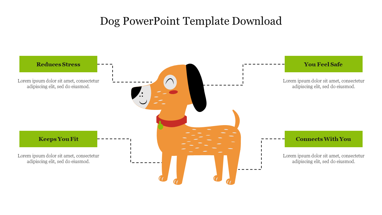 Dog PowerPoint template with a cartoon dog illustration and four benefits of pet ownership with placeholder text.