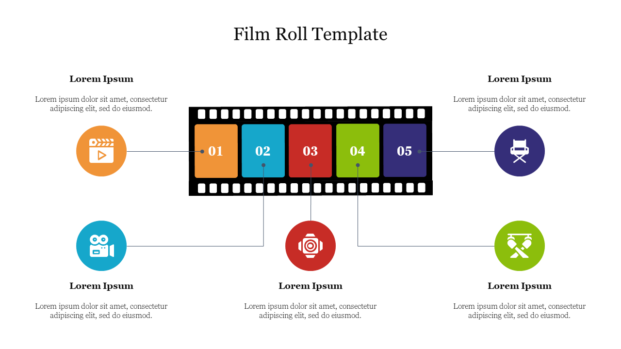 Film roll slide design featuring colorful frames with placeholders and color coded icons.