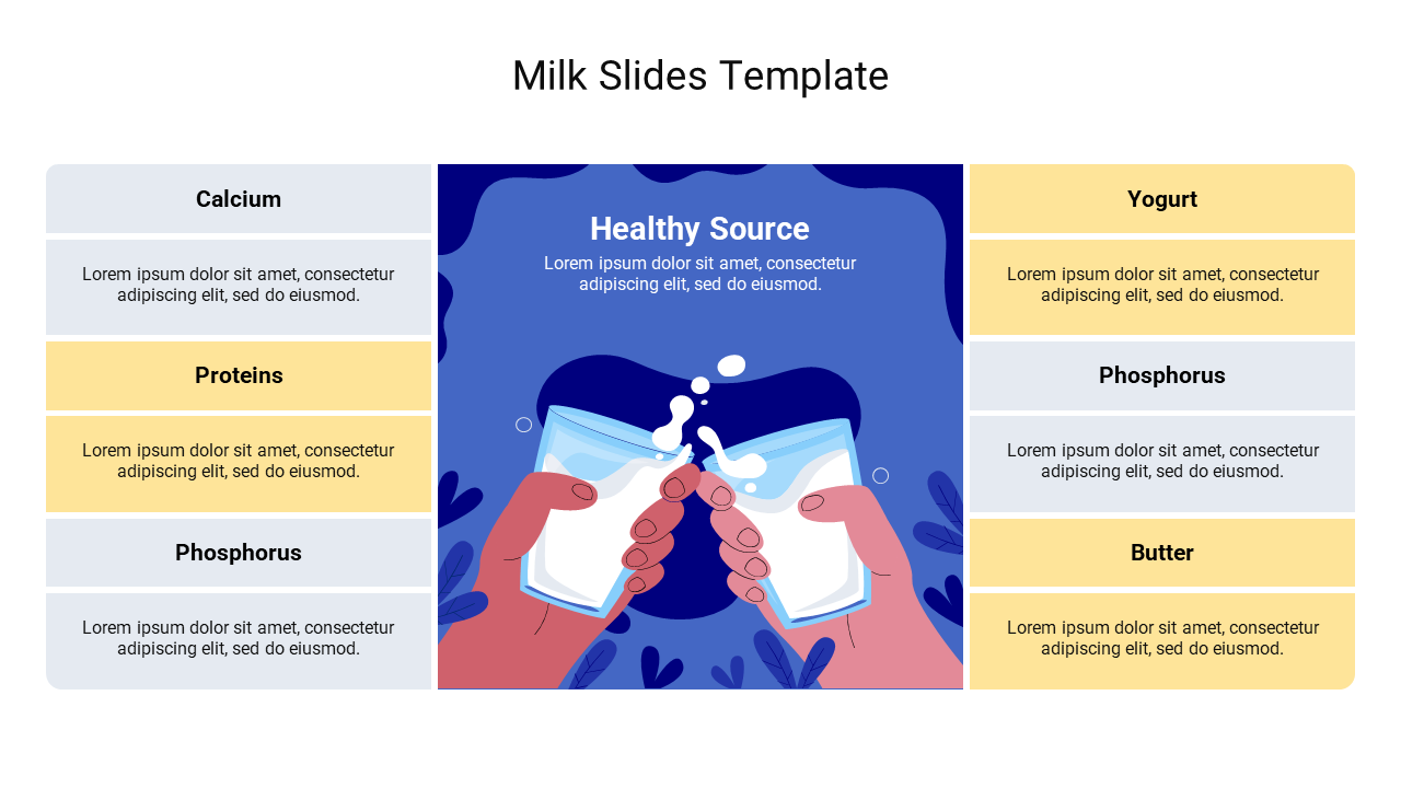 Slide featuring two hands toasting glasses of milk with a splash graphic, and nutrition details in yellow and gray boxes.