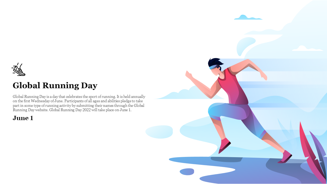 Illustration of a runner in motion wearing athletic gear, with text area containing information about global running day.