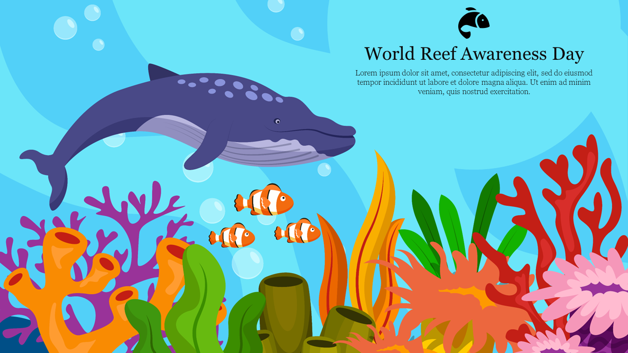 A blue whale swimming above colorful coral reefs and three clownfish, with vibrant underwater plants and bubbles.