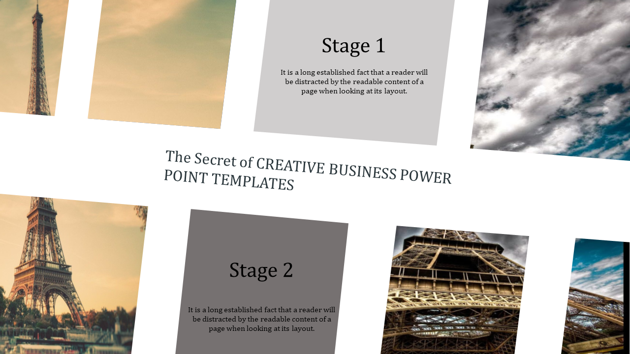 Creative business PowerPoint template with two stages displayed, featuring images of the Eiffel Tower and a cloudy sky.