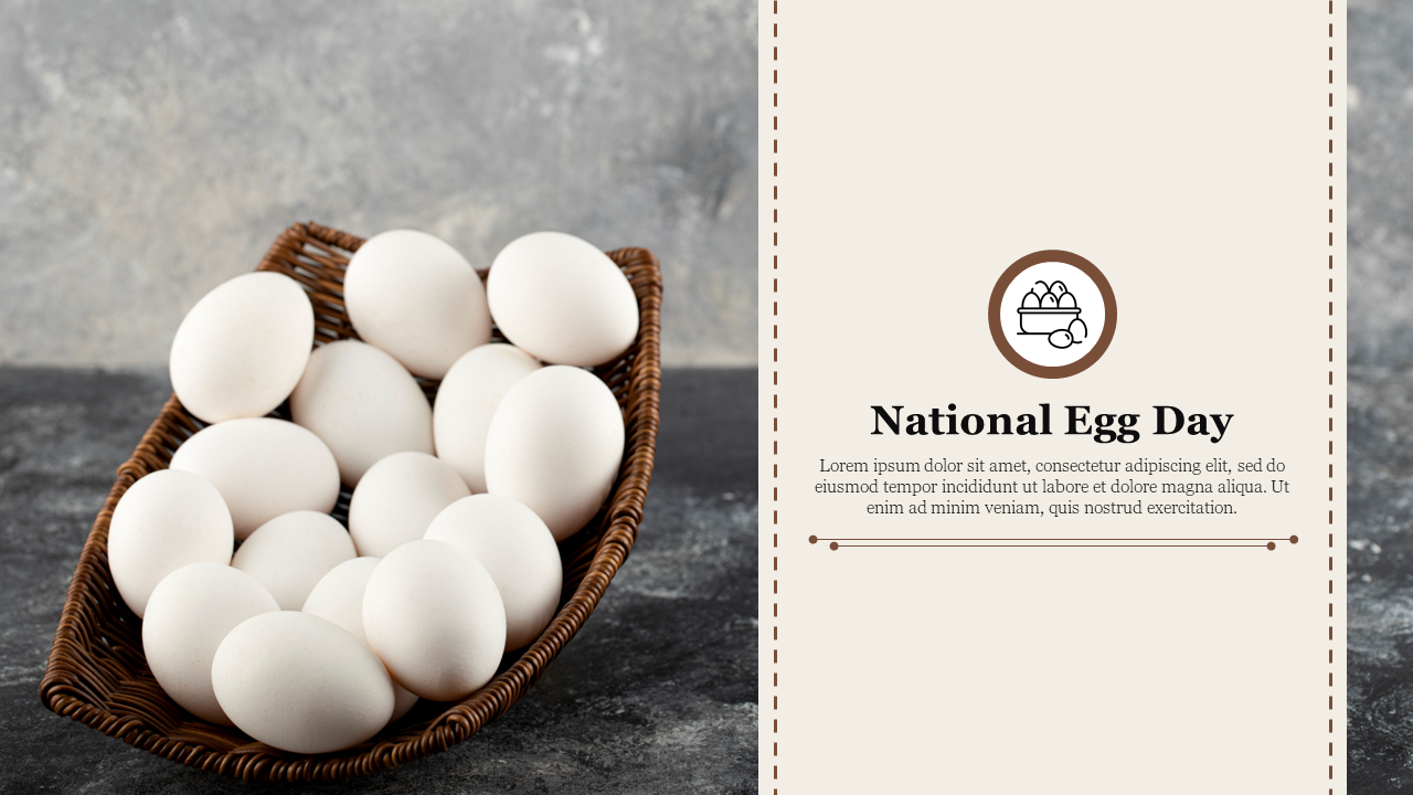 A National egg day slide featuring a basket filled with white eggs and a text placeholder for event details.