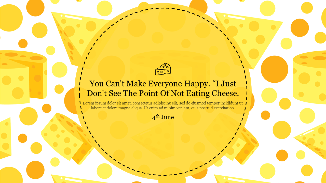 A pattern of cheese slices and dots surround a large yellow circle with text in the center on a light background.