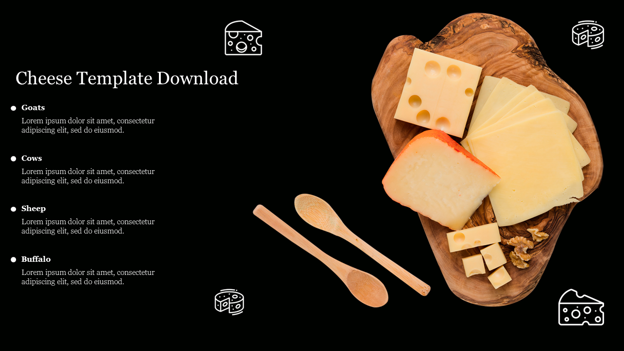 Cheese board with various types of cheese on the right, surrounded by wooden utensils, with text and cheese icons.