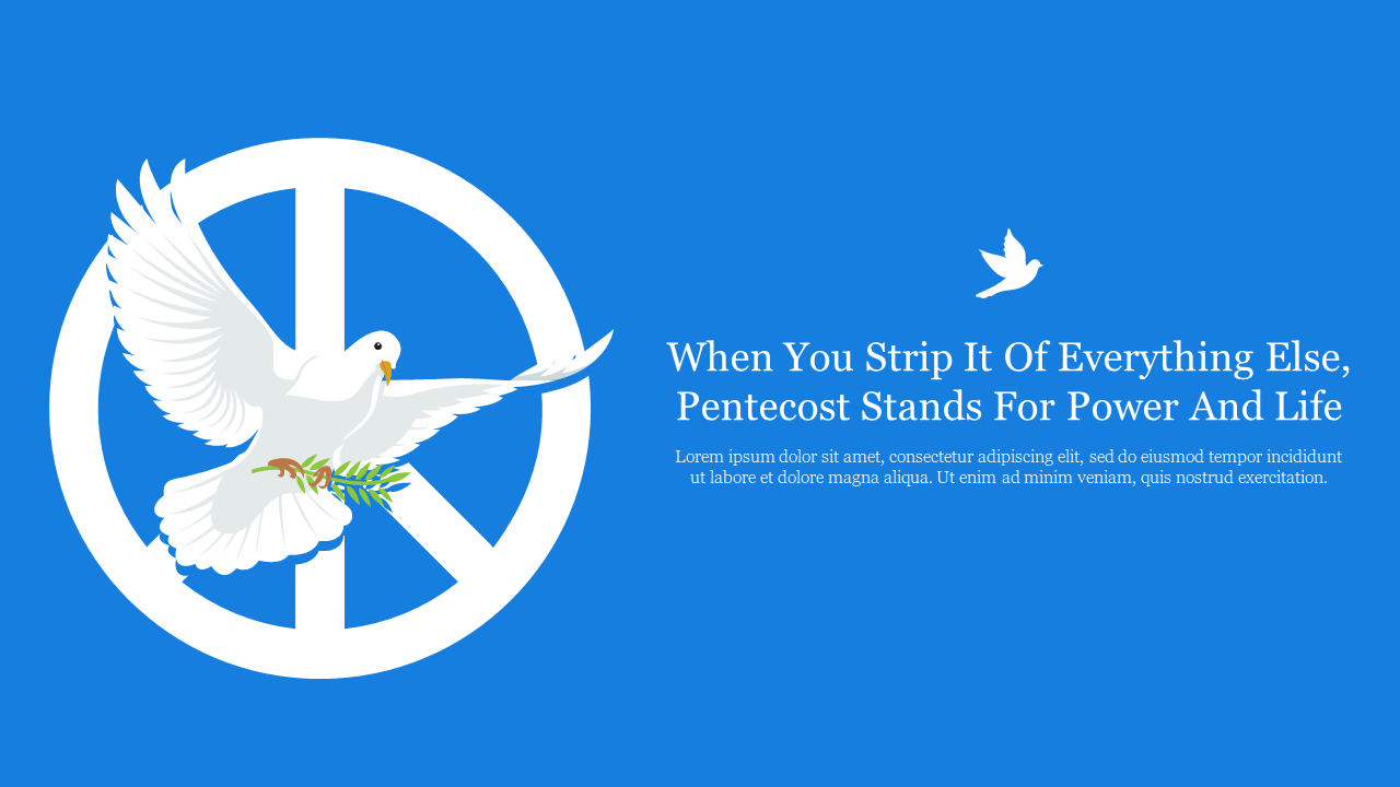 A white dove carrying an olive branch flying in front of a large peace symbol, with text against a blue background.