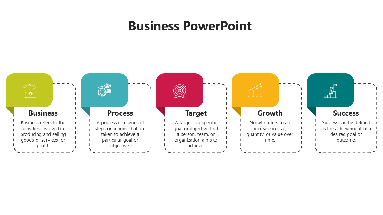 Business themed slide with five colorful tabs in green, blue, red, yellow, and teal, aligned in a row with dashed borders.