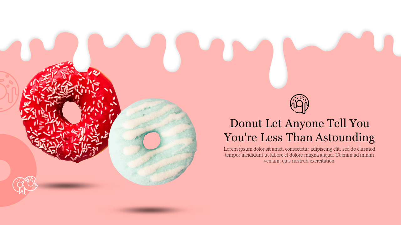 Two donuts, one red with sprinkles and teal with stripes, floating on a pink background with dripping white icing.